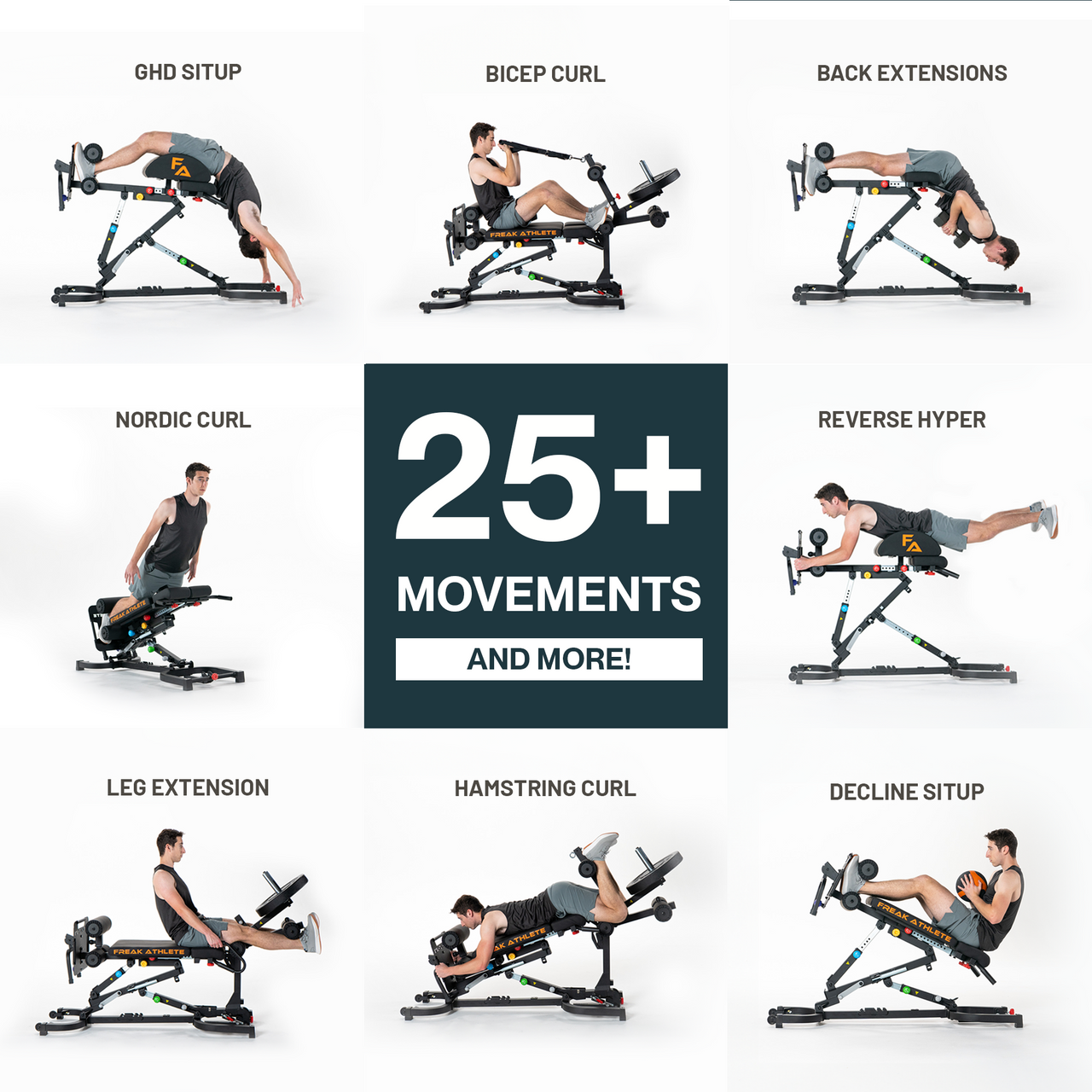 Exercise machine demonstrating eight different workout movements with text stating '25+ movements and more!'.