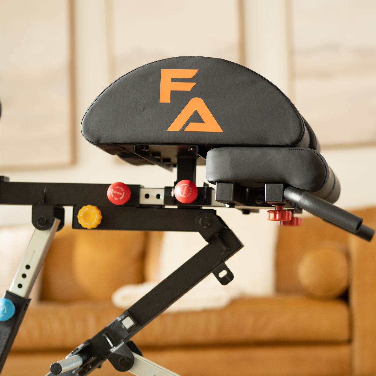 Adjustable weight bench in a living room setting.