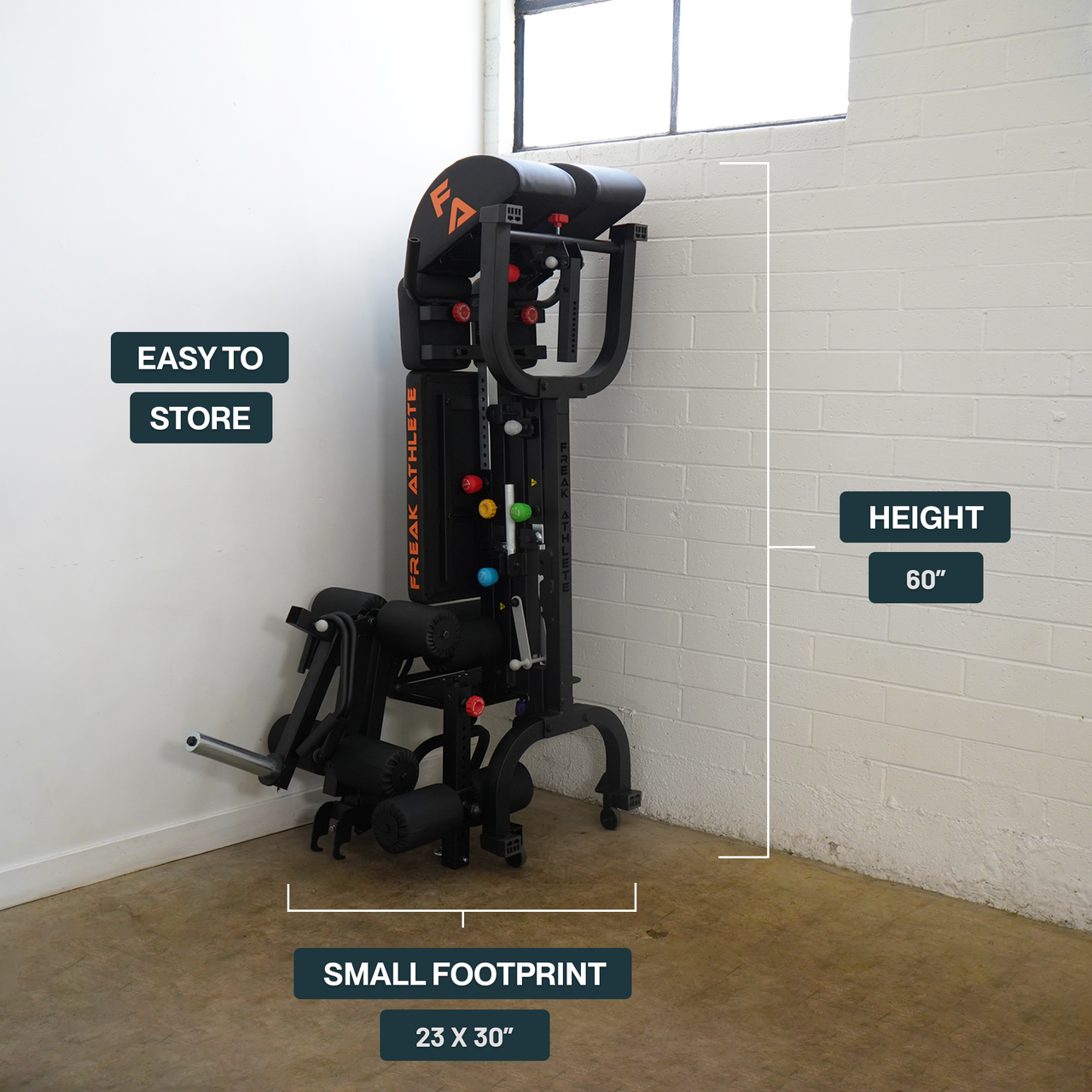 Compact gym equipment stored against a wall, labeled as easy to store, 60' height, 23'x30' footprint.