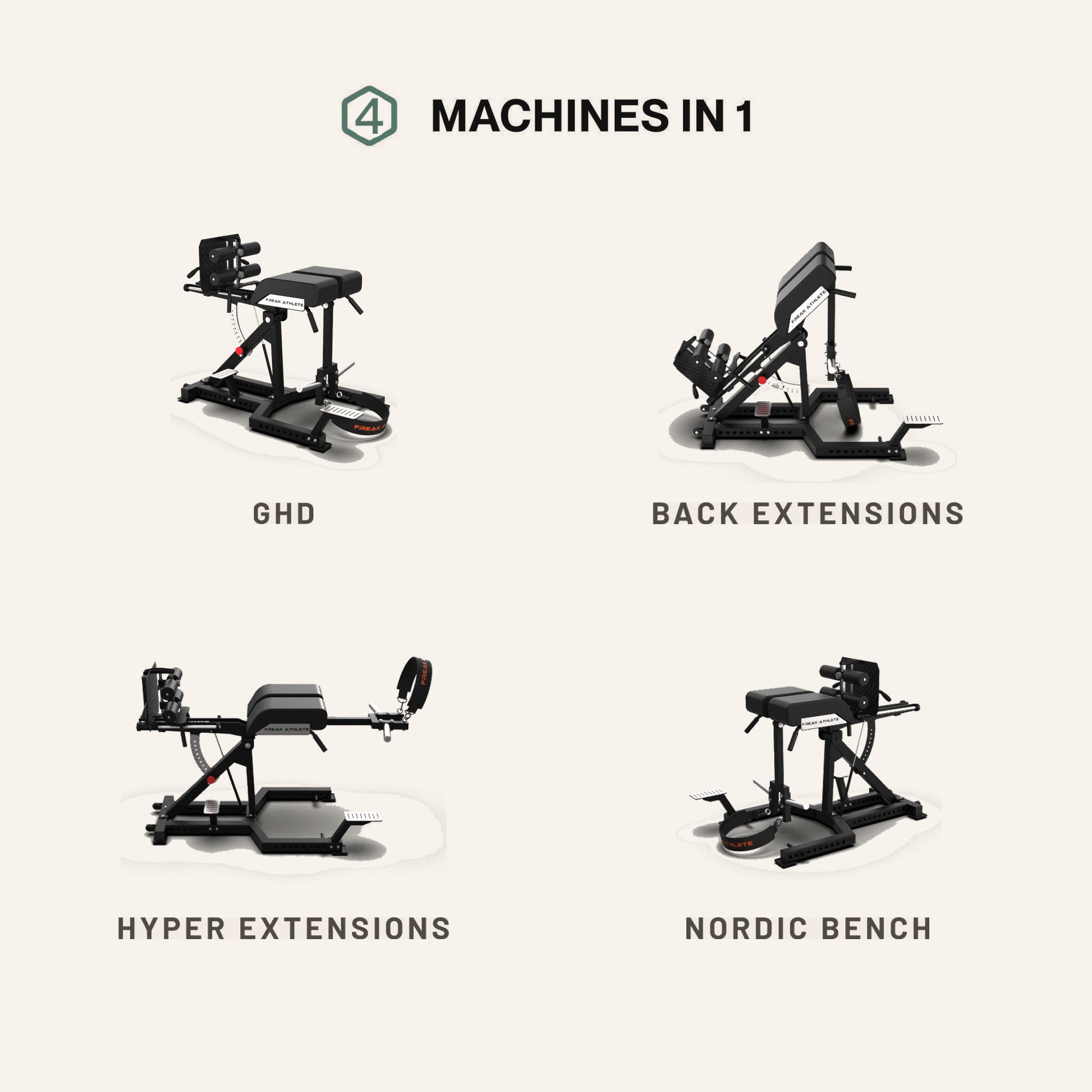 4 machines in 1 - GHD, back extension, hyper extension, Nordic bench